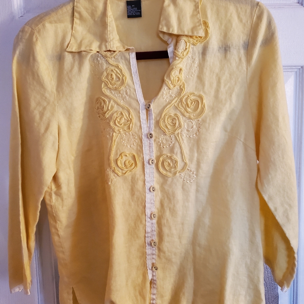 Carole Little Yellow Applique Blouse S Med